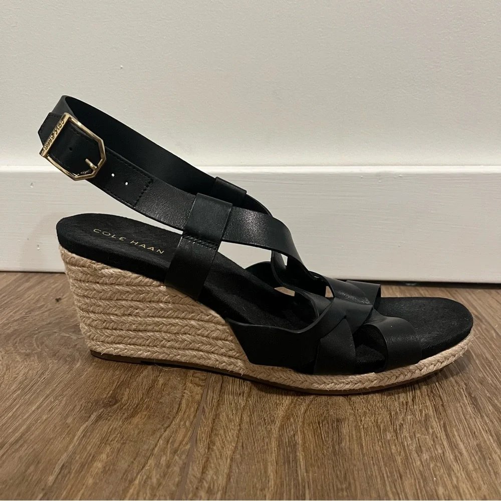 Cole Haan Crystal Wedge Sandals Black‎ Leather Size 7.5B